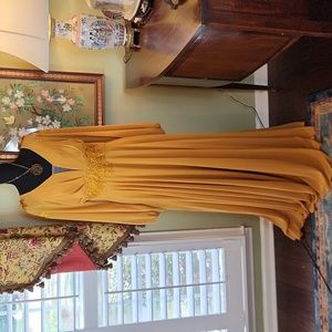 Mustard colored Maxi Dress with floral applique long sleeve and long sleeves